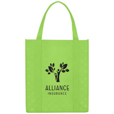 Polypropylene lime green prismatic tote with custom logo.