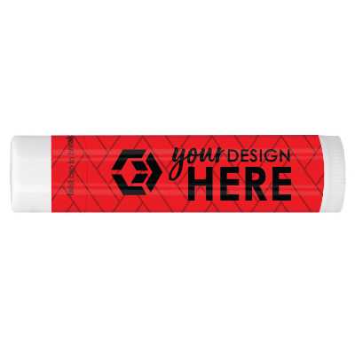 Red background branded lip balm with a custom logo.