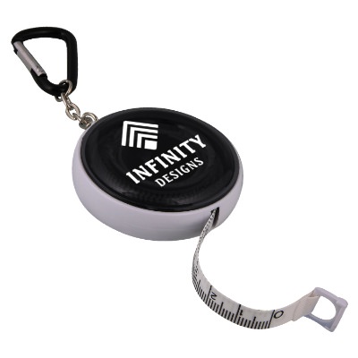 Plastic, metal and polyester black tape measure carabiner keychain with logo.