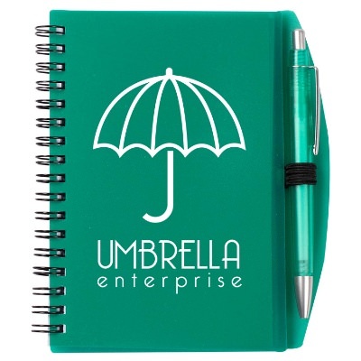 Customized green notebook with pen.