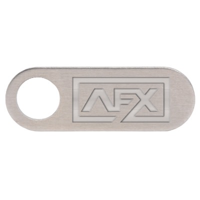 Aluminum silver webcam cover with a branded logo.