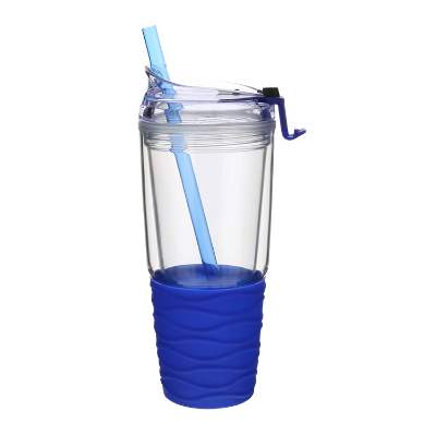 Clear tumbler with blue silicone without imprint.