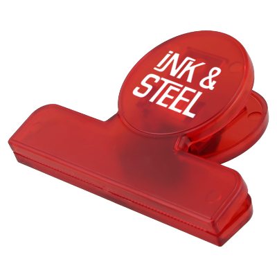 Translucent plastic red round chip clip with custom promotional imprint.
