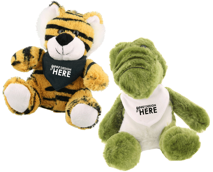 Tiger with black bandana and white imprint and aligator with white bandana and black imprint