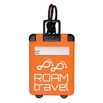 Orange luggage tag with custom imprint.