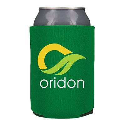 Foam green can cooler with custom three-color logo.