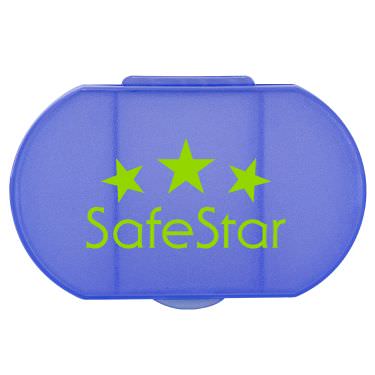 Plastic blue pill box with a personalized logo.
