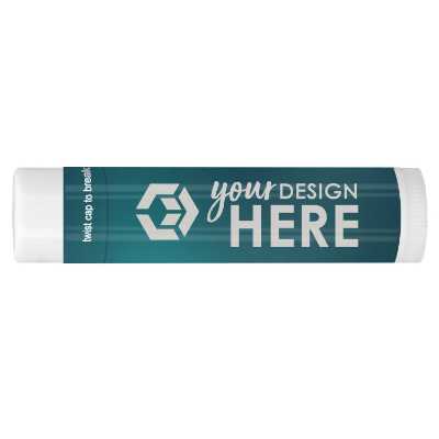 Blue background business lip balm with a customized logo.