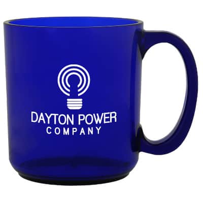 Acrylic blue coffee mug with c-handle and custom print in 16 ounces.