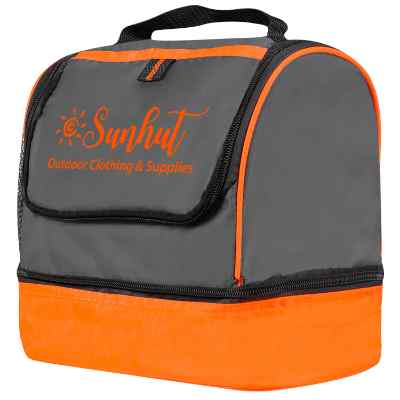 Polyester orange two compartment lunch bag with printed logo.