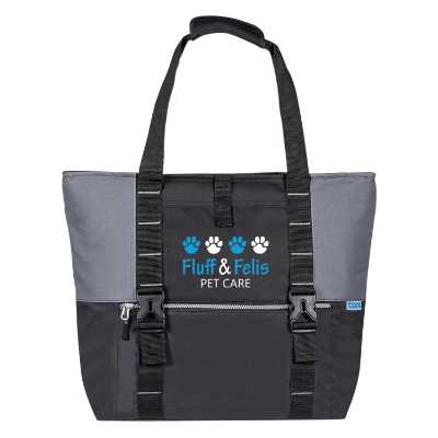 Black cooler tote with full-color logo.