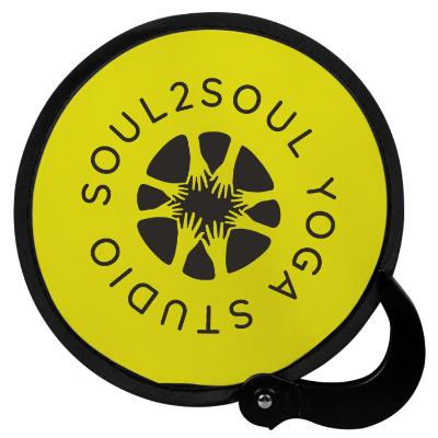 Nylon yellow hand fan with a custom logo.