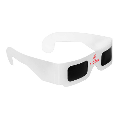 White paper solar eclipse glasses with custom imprint on bridge of glasses.