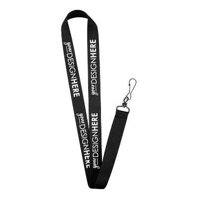 3/4 inch navy blue grosgrain polyester lanyard with custom print and black j-hook.