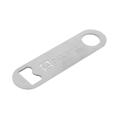 Mini stainless steel bottle opener with personalized laser engraved imprint.