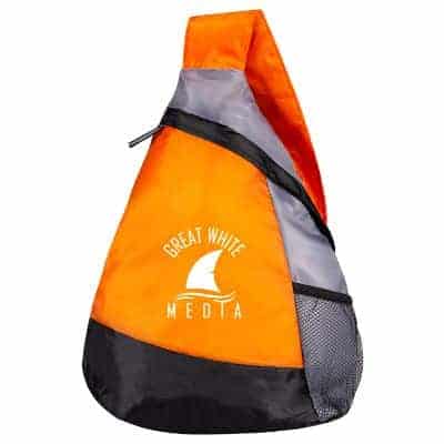 Polyester orange armada sling backpack with promotional logo.