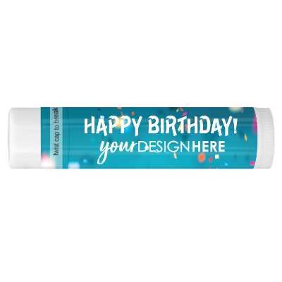 Birthday background lip balm with a personalized imprint.