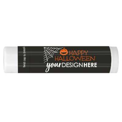 Branded black Halloween lip balm with orange imprint.