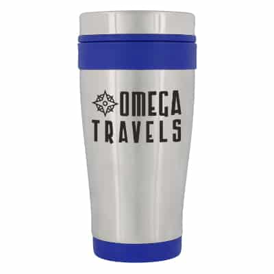 Stainless steel blue tumbler with custom logo in 15 ounces.