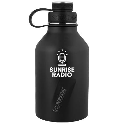 Stainless black growler bottle with custom logo.