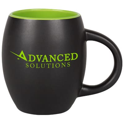 Ceramic black with lime green coffee mug with c-handle and custom printing in 17 ounces.
