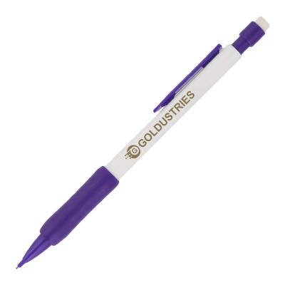 White mechanical pencil with purple accents and custom logo.