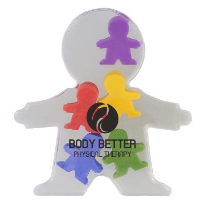 Clear plastic person shaped case with assorted colored people shaped magnetic clip with custom imprint
