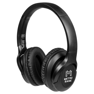 Black plastic headphones with a branded logo.