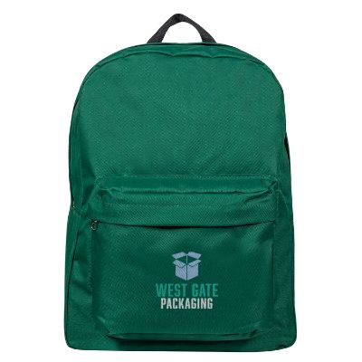 Green backpack with embroidered logo.