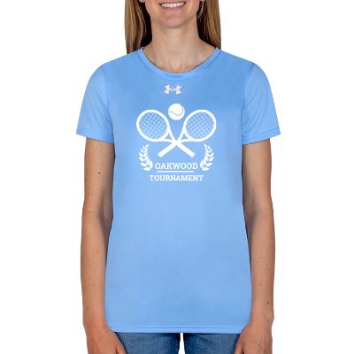Carolina blue with white women's tee with custom logo.