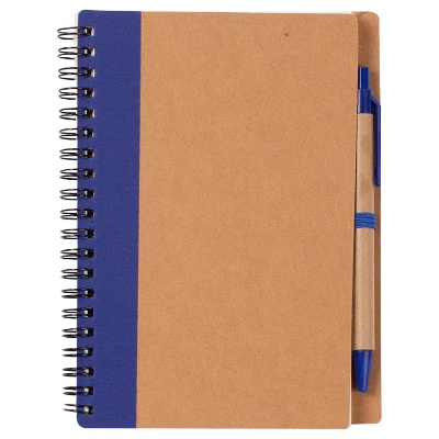Blue recycled notebook with pen.