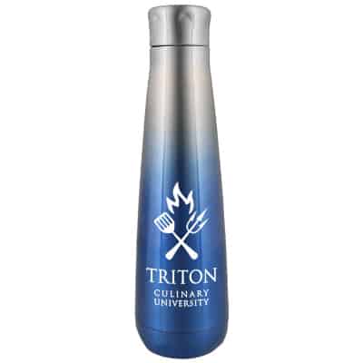 Stainless steel blue ombre water bottle with custom logo in 16 ounces.