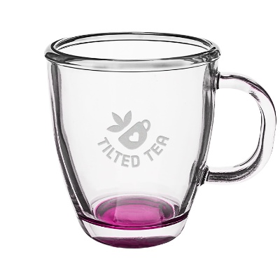 Pink coffee mug with engraved logo.
