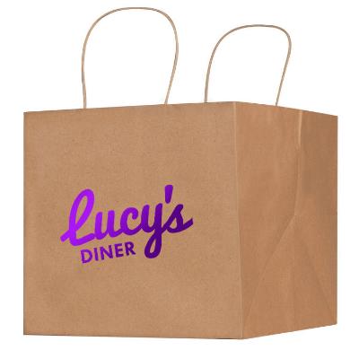 Natural Kraft paper 10 inch wide takeout bag with foil imprinting.