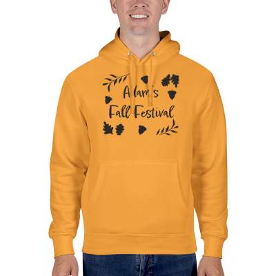 Custom mustard pullover hooded sweatshirt with logo.
