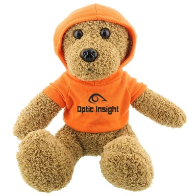 Plush and cotton bear with orange hoodie with personalized logo.