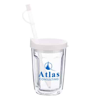 Arcylic clear with white tumbler with custom imprint in 14 ounces.