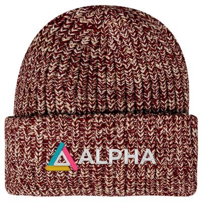 Embroidered custom maroon knit cap.