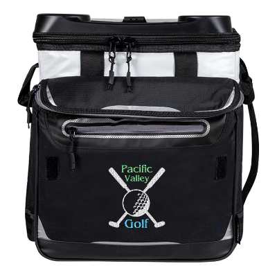 White rolling cooler with embroidered logo.