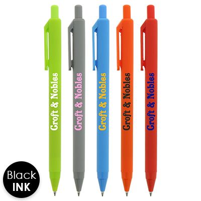 Personalized colored pen with soft touch finish.