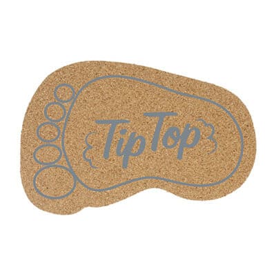 Cork large foot coaster with logoed imprint.