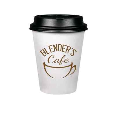 White paper cup with custom branding and black lid in 8 ounces.