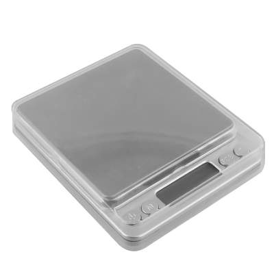 Blank silver digital kitchen scale with food tray.