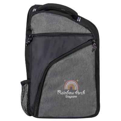 Gray two-tone backpack with embroidered logo.