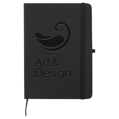 Black paper journal with black debossed design logo.