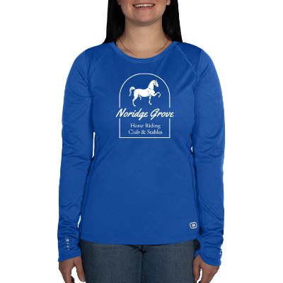 Electric blue women's long sleeve tee with imprint.