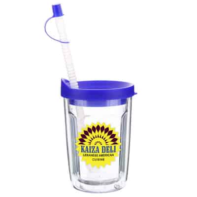 Arcylic clear with royal blue tumbler with custom full-color imprint in 14 ounces.