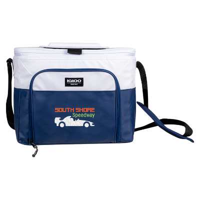 Navy and white cooler with embroidered logo.