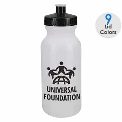 Plastic frosted water bottle with custom imprint and push pull lid in 20 ounces.