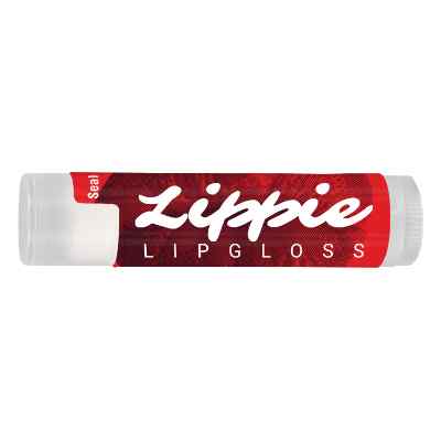 Clear plastic lip balm with a branded logo.